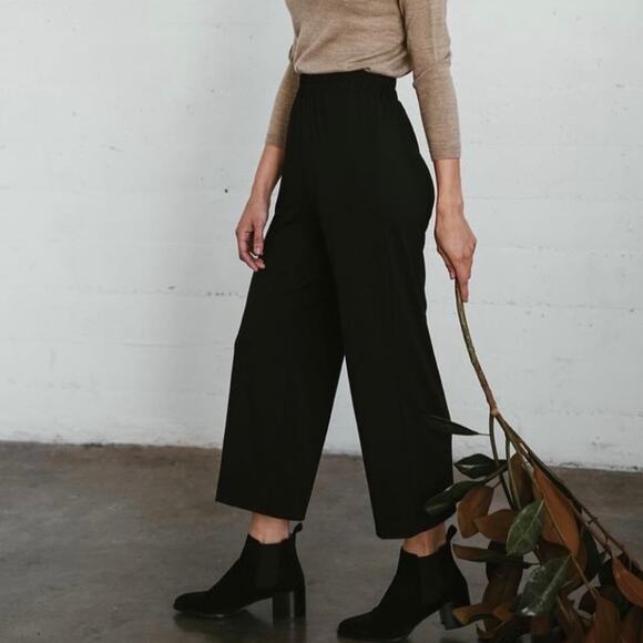 Sotela Black Linen Blend Elastic Pull On Wide Leg Crop Pants Lagenlook Size 0 - Picture 1 of 5